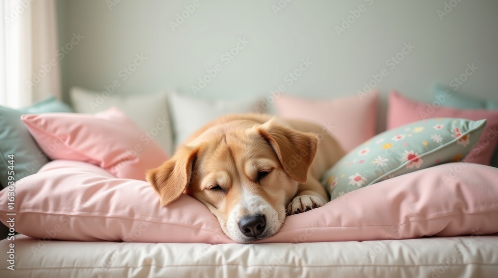 Obraz premium Charming dog relaxing on soft cushions in cozy living room indoor environment peaceful lifestyle concept