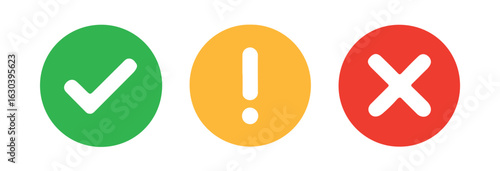 Flat vector icon set featuring check mark, exclamation mark, and cross mark. Representing approval, rejection, warning, and system alert messages in modern UI design and web interfaces