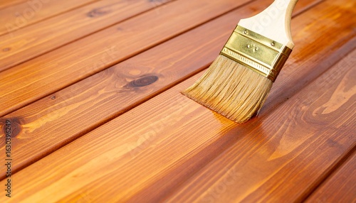  Applying clear varnish on natural wood surface with brush, wood grain texture