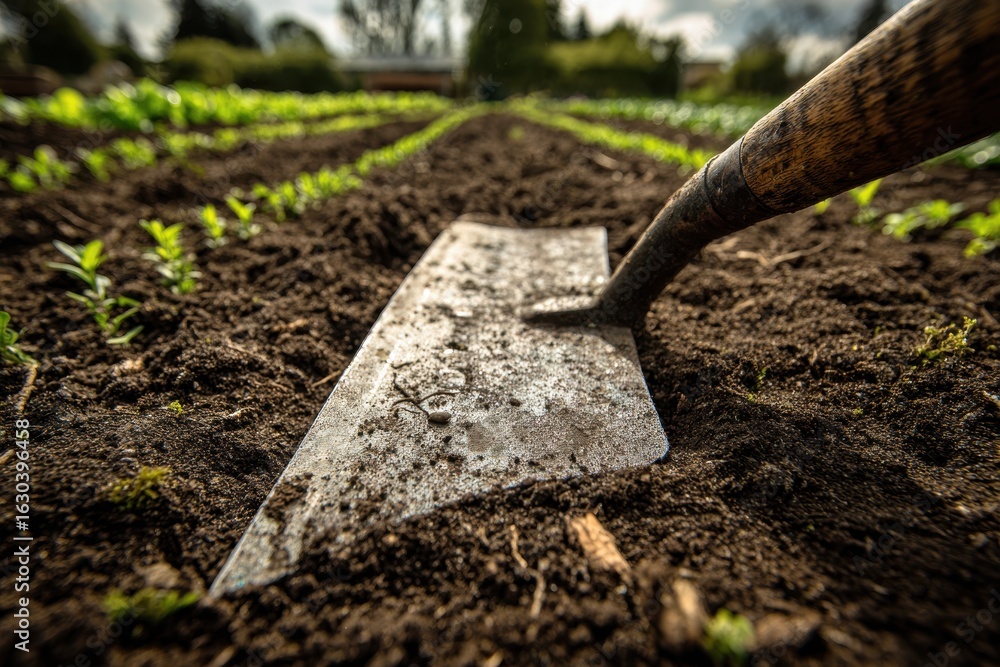 Fototapeta premium A gardening hoe rests in dark soil, ready for cultivating amidst vibrant green plants.