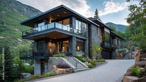Wallpaper Mural Modern Mountain Home Exterior with Stone Facade and Landscaping Torontodigital.ca