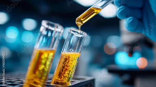 A gloved hand carefully pours golden liquid from a pipette into a test tube, showcasing precision in pharmaceutical or cosmetic formulation