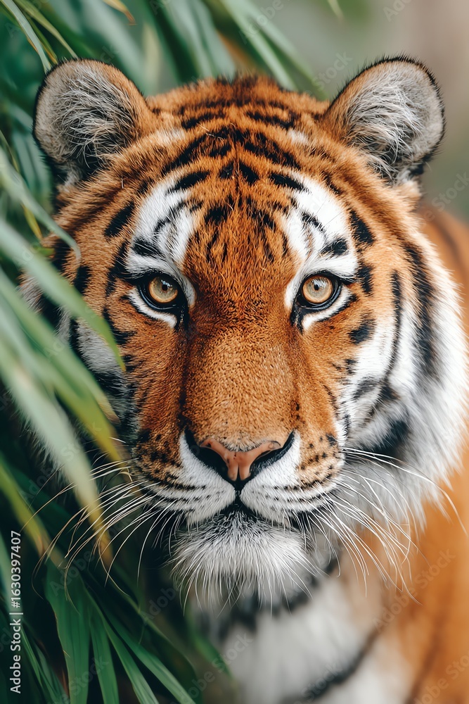 Fototapeta premium tiger prowling lush jungle foliage, intense eye contact portrait