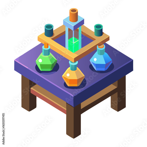 Isometric science experiment setup with colorful flasks isolated on white background