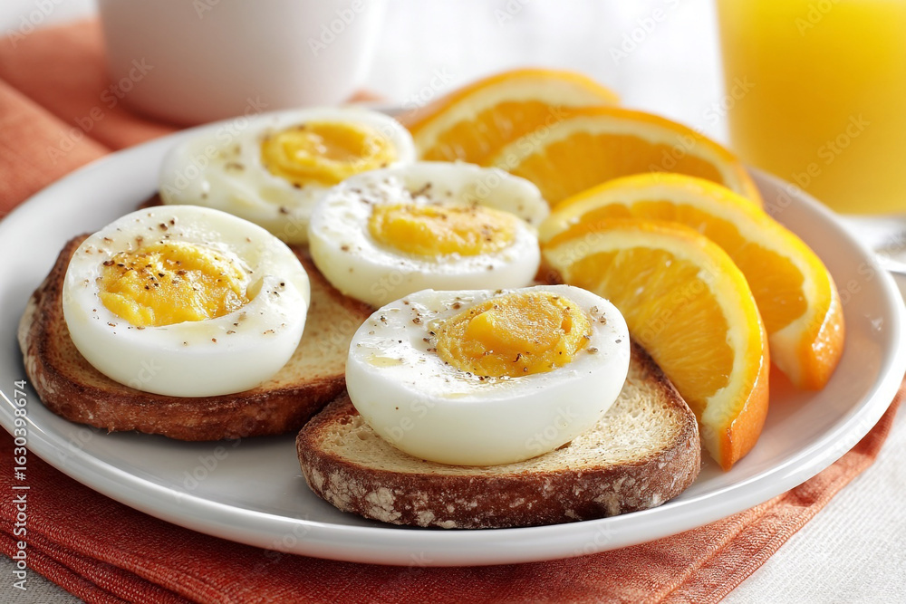 Fototapeta premium A plate of eggs on toast with orange slices and a glass of orange juice nearby