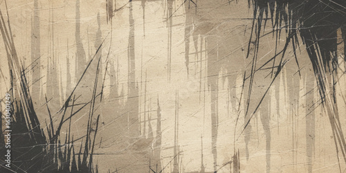Abstract texture of grunge brush strokes with rough black scratches and parchment-like appearance with a beige or light brown tone, marked by scratches, splatters, and faint lines vector background.