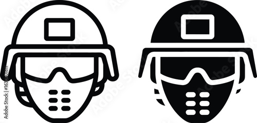 Two stylized icons of a tactical helmet with visor and face mask