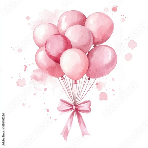 Watercolor bunch of pastel pink balloons tied with a ribbon