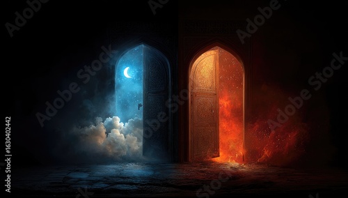 Two doors, one night, one day.  A dark arched doorway, split.  One side opens to a serene night sky, moon, and clouds. The other side reveals a fiery inferno