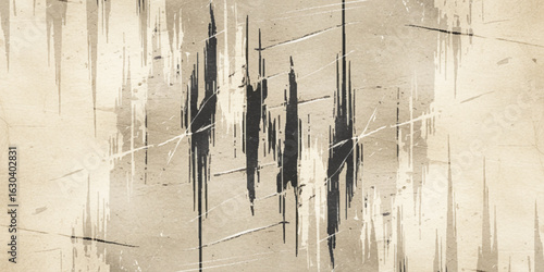 Abstract texture of grunge brush strokes with rough black scratches and parchment-like appearance with a beige or light brown tone, marked by scratches, splatters, and faint lines vector background.