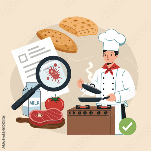 Chef Inspecting Food for Bacteria with Magnifying Glass Keywords: chef, cooking, food safety, hygiene, bacteria, inspection, magnifying glass, raw