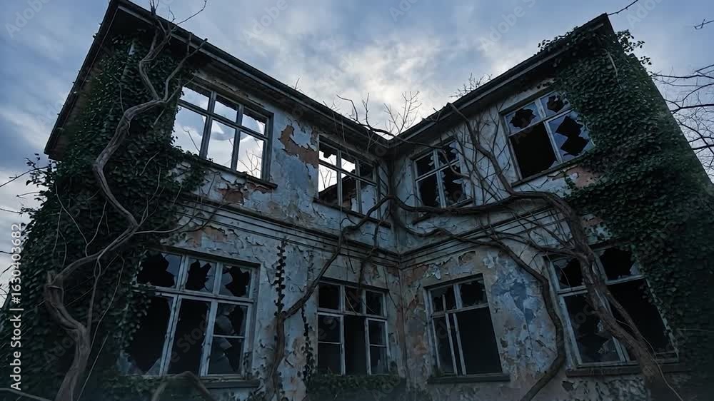 Overgrown Abandoned Mansion with Broken Windows and Creeping Vines Overgrown Abandoned Mansion with Broken Windows and Creeping Vines