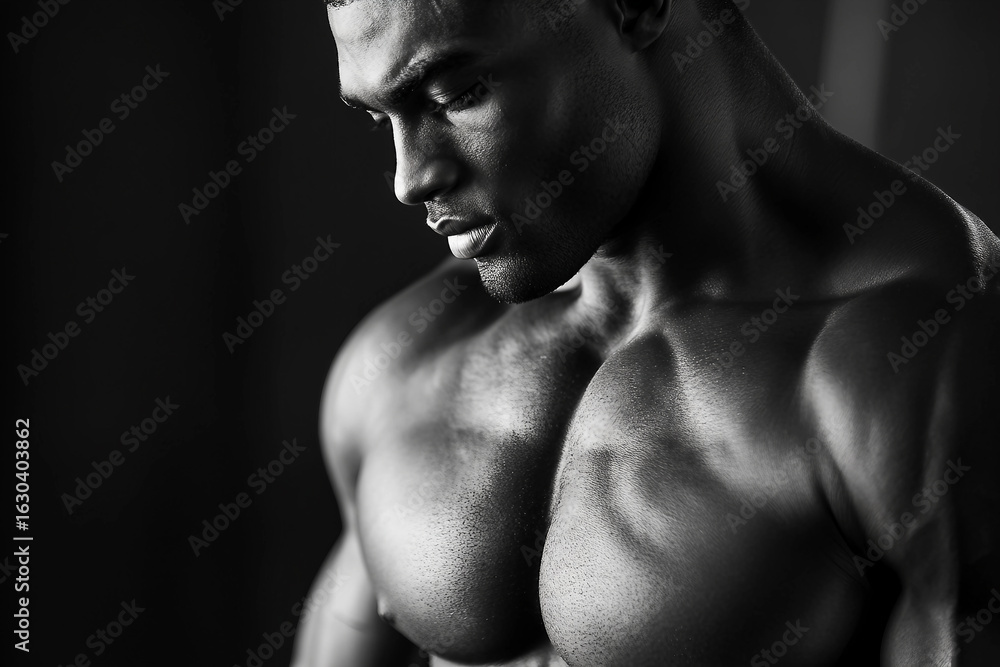 Fototapeta premium Strong, shirtless man performing weightlifting exercises generative AI technology