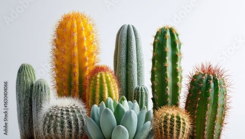 Diverse collection of cacti and succulents, vibrant colors and textures against a light background