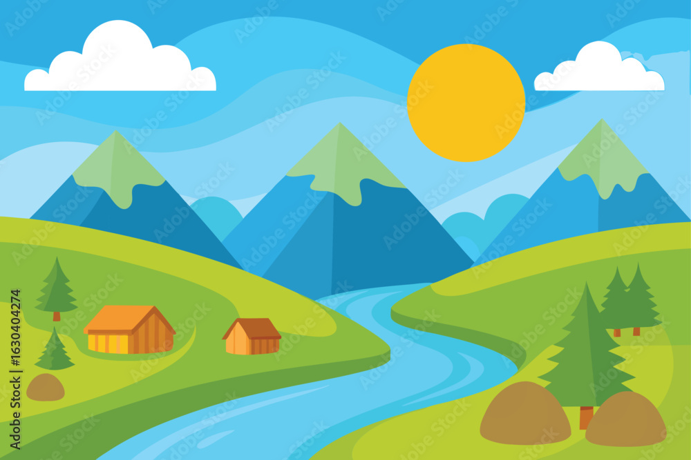 Fototapeta premium Sunny Hills and Mountains River Landscape Vector