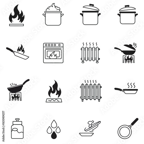 Collection of cooking and heating related icons including fire stove and radiator