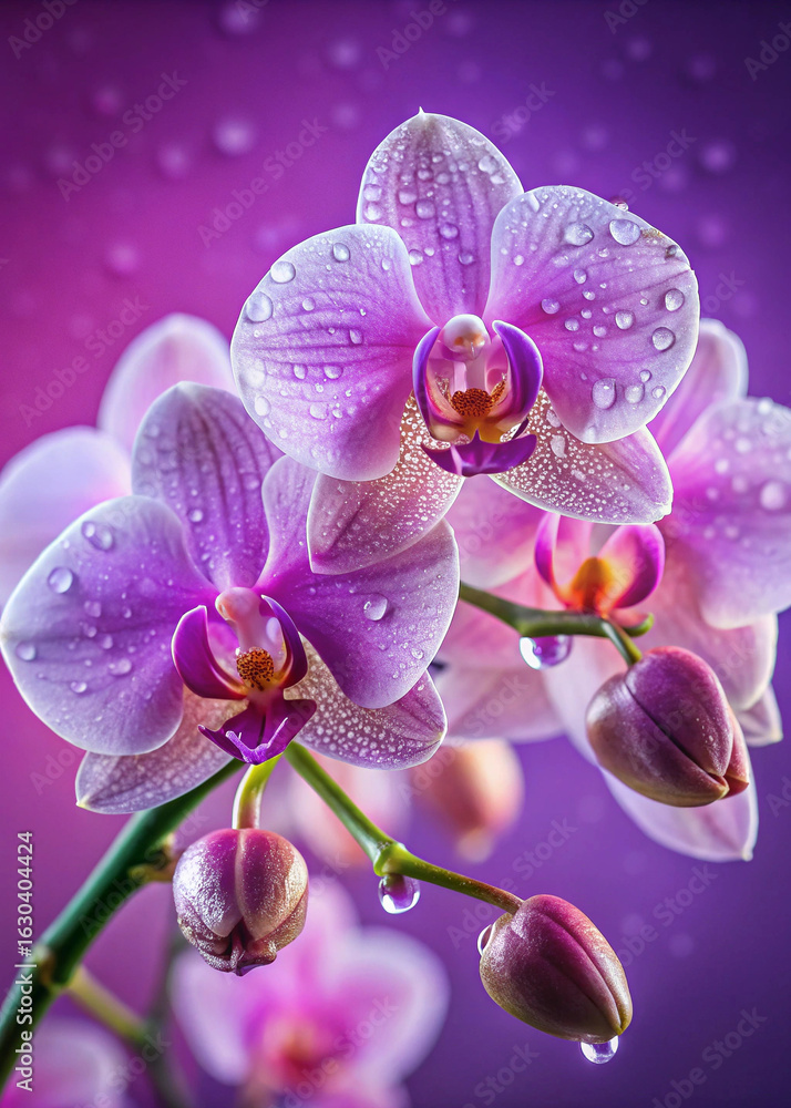 Fototapeta premium Soft Orchid Blossoms with Dew Drops on Purple generative ai