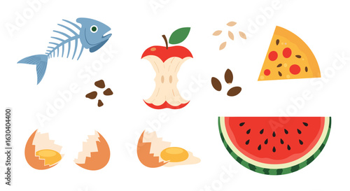 Illustrating biodegradable organic food waste items for composting purposes in a graphic design