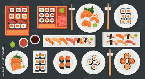 A delicious assortment of japanese sushi and sashimi dishes ready to be enjoyed