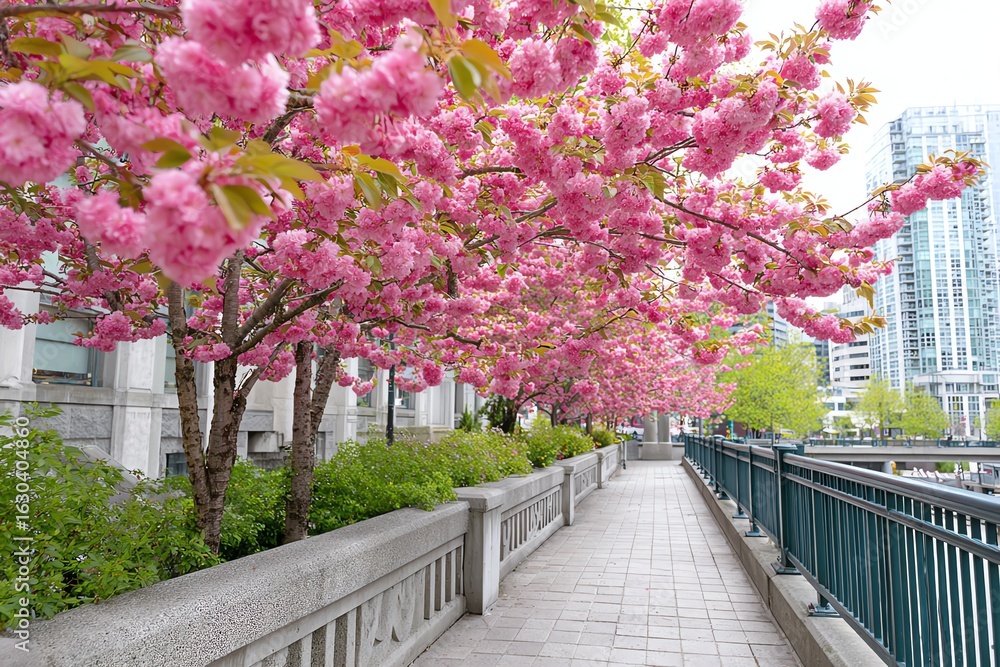 spring cherry blossoms along urban walkway in pastel bloom spring cherry blossoms along urban walkway in pastel bloom