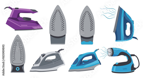 Collection of household steam irons showing different designs and features for garment care and wrinkle removal