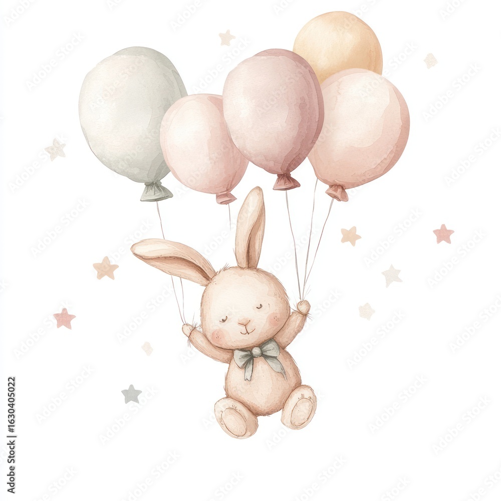 Naklejka premium A pastel-colored bunny floats amidst balloons and stars