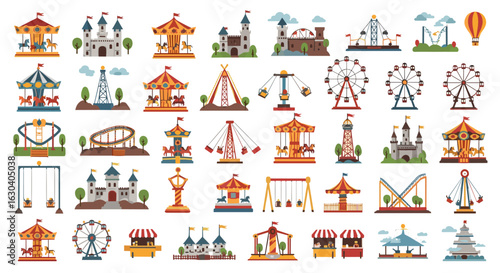 Collection of colorful amusement park rides and attractions featuring roller coasters ferris wheels and carousel horses