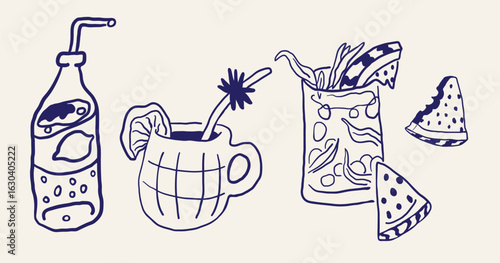 summer drinks set in hand drawn style in vector. Elements for design advertisement stickers posts poster print postcard banner menu decor backgrounds