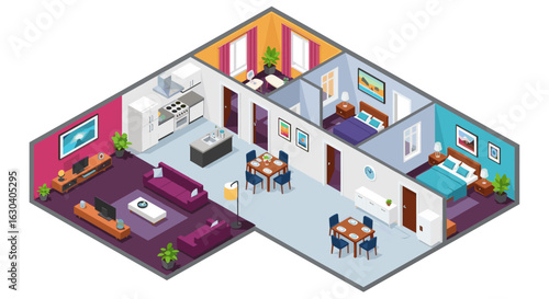 Modern isometric apartment floor plan design showing living room kitchen dining area and bedrooms with furniture and decor
