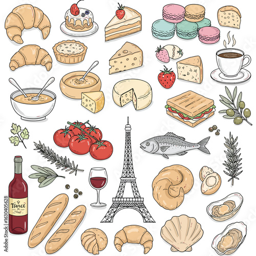 French Food and Eiffel Tower Illustration with Wine and Cheese