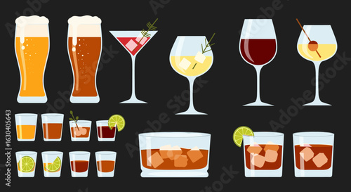 A colorful assortment of various alcoholic and non-alcoholic beverages presented in elegant glasses on a dark background