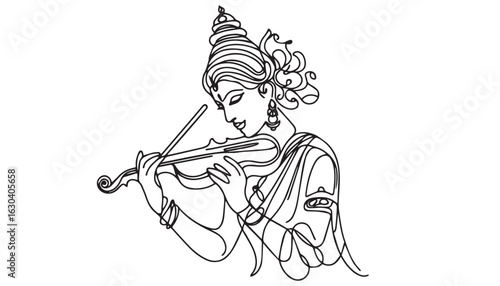 Continuous one single minimal line drawing Saraswati