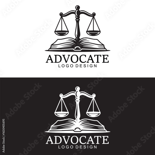 Advocate Logo Design Featuring Scales of Justice and an Open Book with Contrasting Color Schemes