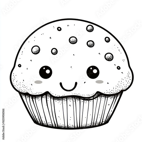 Cute, kawaii muffin drawing.  Simple black and white illustration of a muffin with large eyes, a smile, and sprinkles.  Detailed lines
