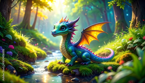 Cute dragon in a vibrant forest
