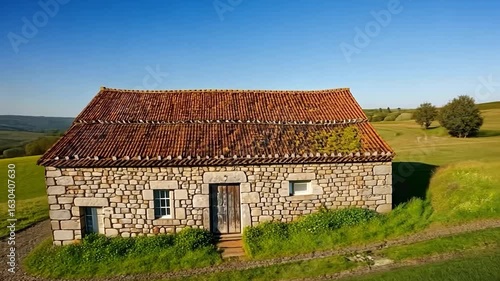 Wallpaper Mural Rustic Stone Farmhouse Nestled in Lush Green Rolling Hills Under a Clear Blue Sky Torontodigital.ca