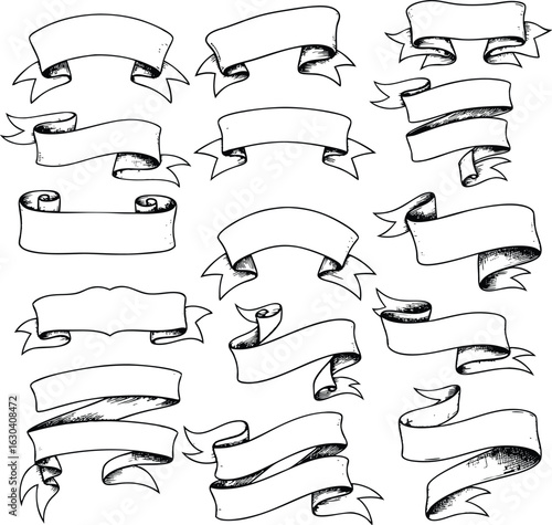 Hand drawn black and white vector ribbons and banners for design and decorative elements