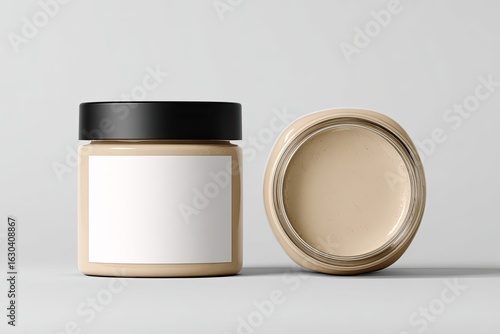 Two light beige glass jars with blank white labels and black lids,  placed side-by-side against a neutral gray background.  The jars are in focus, and the background is softly out of focus