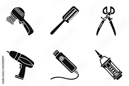Collection of Black and White Grooming and Tool Icons.