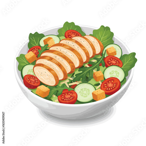 Fresh chicken salad with lettuce tomatoes cucumbers and croutons in a bowl