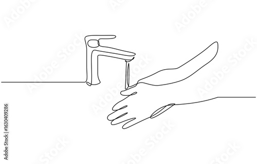 Continuous one line drawing of Wash hands with clean water spilled from the tap vector illustration. Editable outline