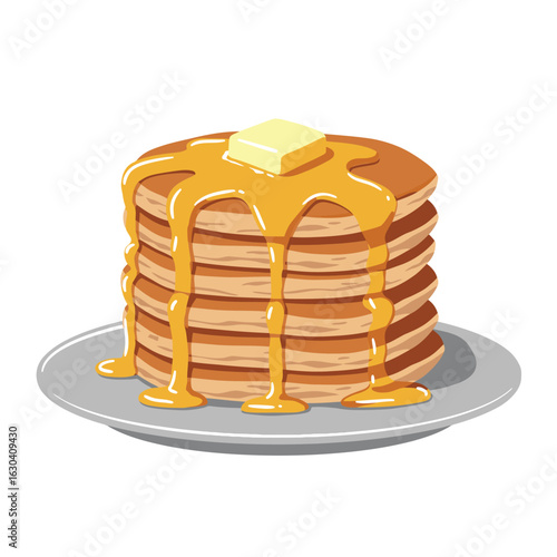 Stack of pancakes with butter and syrup on a plate