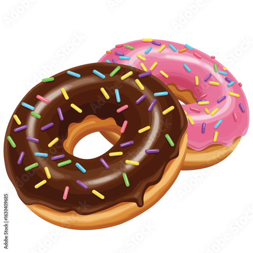 Two frosted donuts with colorful sprinkles on a white background