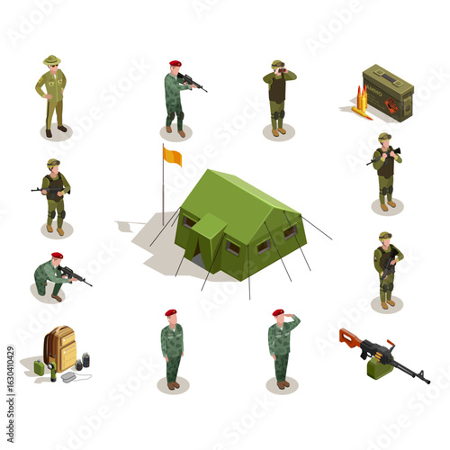 Isometric Military Soldiers and Army Equipment Vector Collection