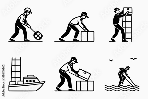 Workers performing various manual labor tasks and logistics.