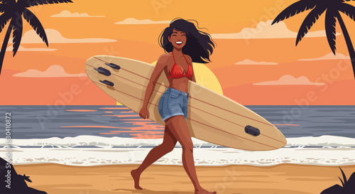 A woman with a surfboard walks along a beach at sunset.
