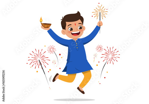 A joyful young boy in festive attire celebrating the festival of lights with a traditional lamp and a sparkler