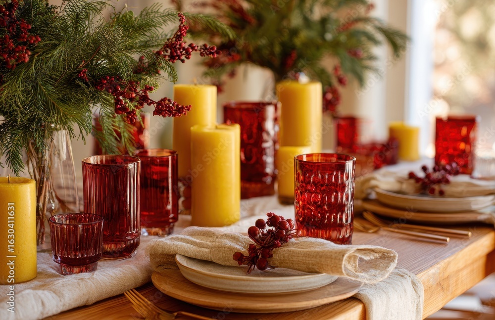 Naklejka premium Christmas table setting decorated with red glasses, yellow candles and natural pine branches