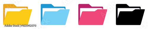 Set of four colored folder icons in yellow, blue, pink, and black. Ideal for file organization, user interface, storage system, digital design, apps, or web graphics.