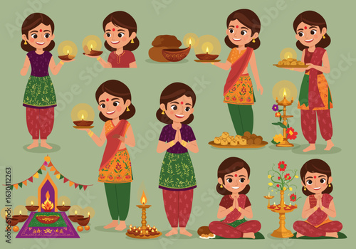 Character set of a beautiful Indian girl in traditional clothing celebrating a festival with diyas and prayers